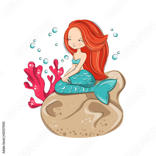  Mermaid is sitting on the reef. She is hostess underwater ocean world. Vector isolated.