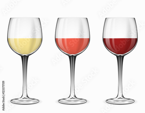 Wine glasses vector. Glass of red rose and white beverage