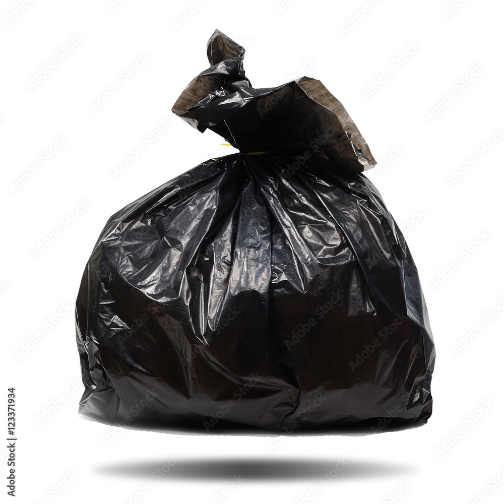 Single black plastic garbage bag on white background, clipping p