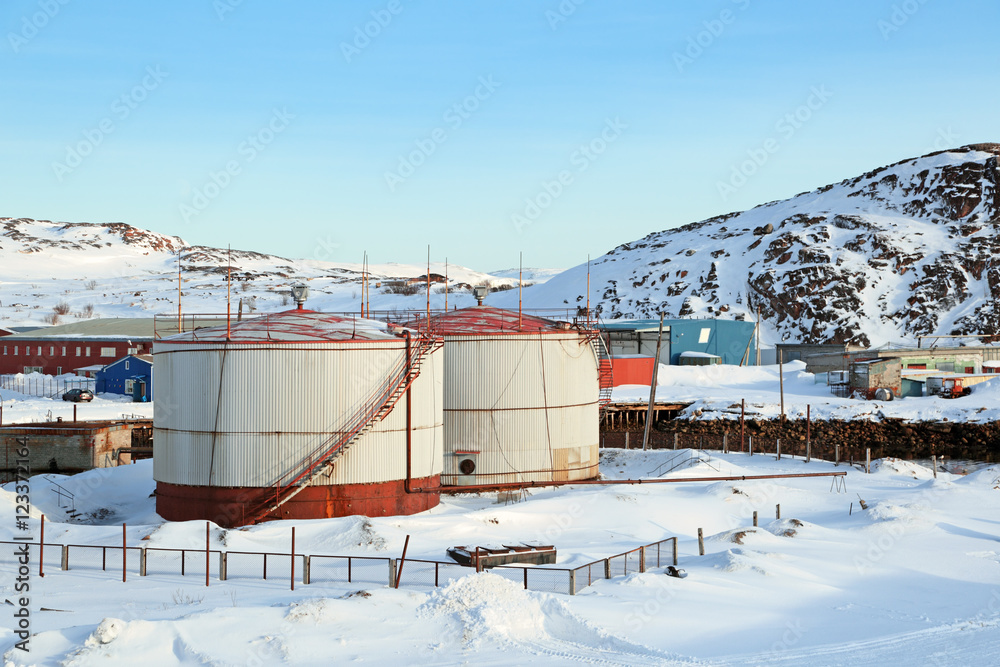 Tanks with fuel for the boiler, the village of Teriberka, Murmansk oblast, Kola Peninsula, Russia