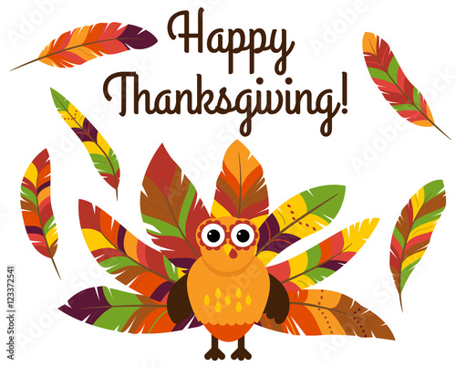 Cute Vector Turkey with Colorful Feathers for Thanksgiving and Fall