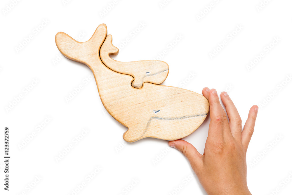 Fototapeta premium Wooden puzzle in the form of a whale and little whale with hands isolated on white.