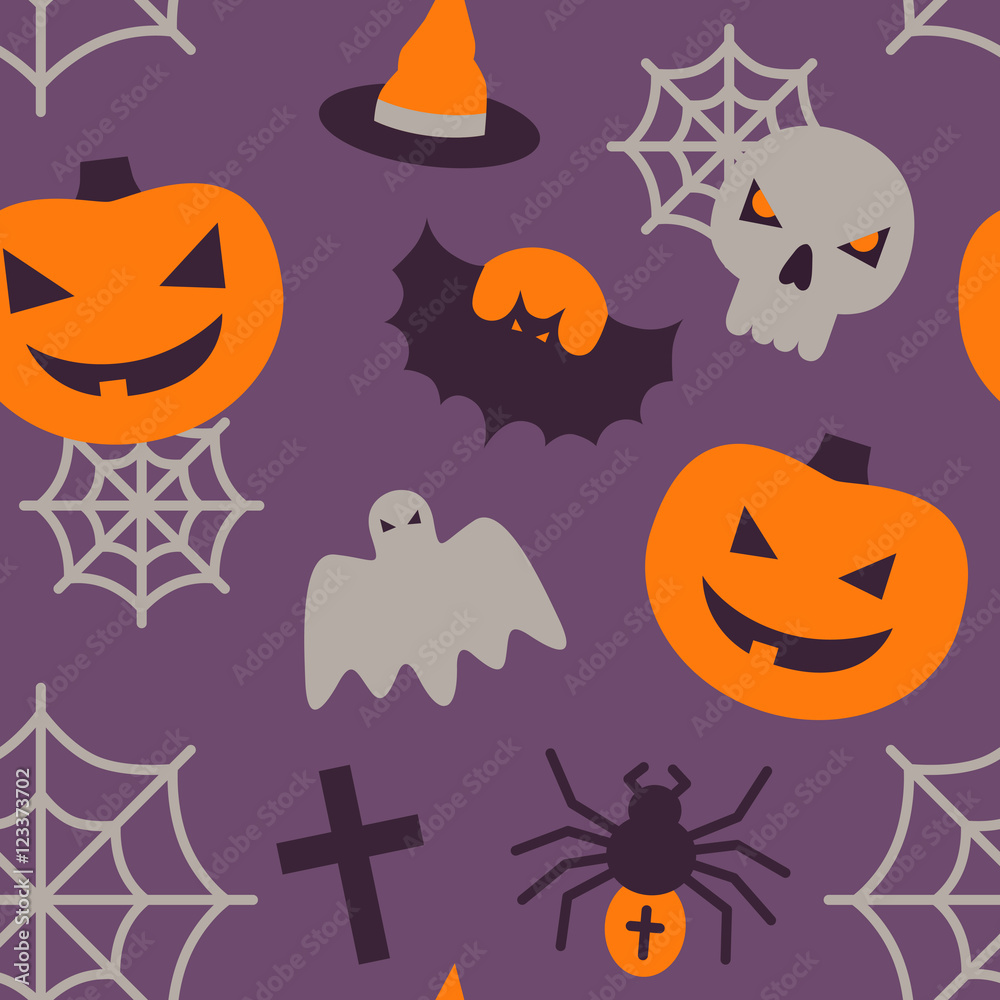 Halloween seamless pattern with flat icons. Vector Illustration. Colorful icons on deep purple backdrop. Pumpkins, bat, skull, spiders and web on light background. Halloween Concept. Wrapping paper