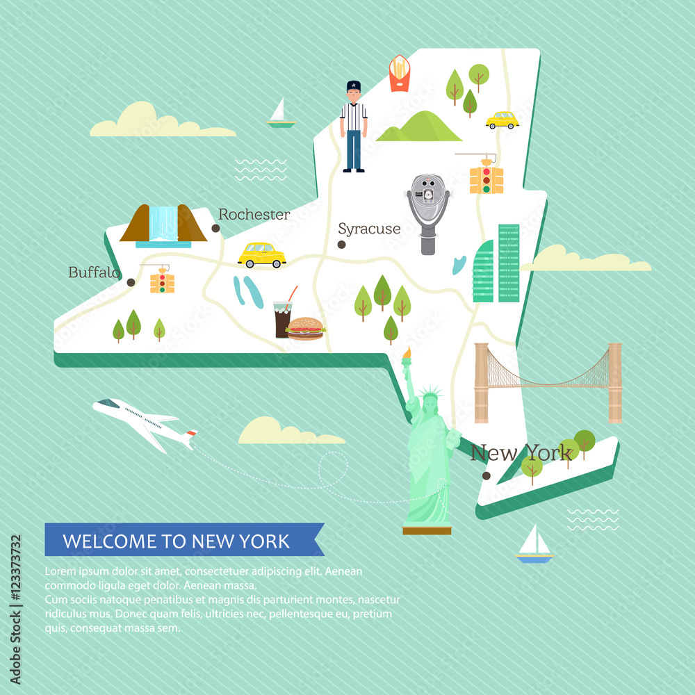 Vector map of New York with popular landmarks and place for your text.