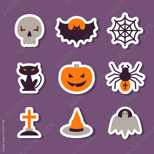 Set of cute Halloween stickers. Colorful flat icons. Vector Illustration. Halloween Concept.