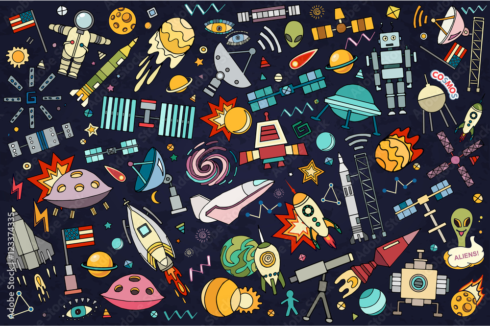 Naklejka premium Vector abstract illustration of space. Solar system. Moon, astronaut, planet, rocket, earth, cosmonaut comet universe orbit Technology Hand drawn comic