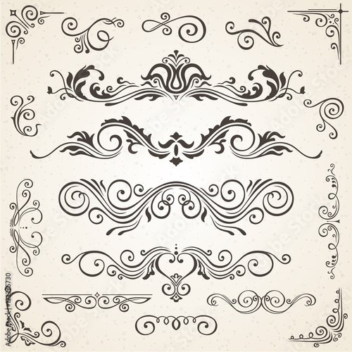Vector set of Swirl Elements and Corners for design. Calligraphic page decoration, Labels, banners, baroque Frames floral ornaments. Old paper