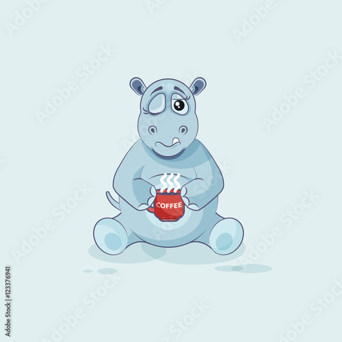 Emoji character cartoon Hippopotamus just woke up with cup of coffee