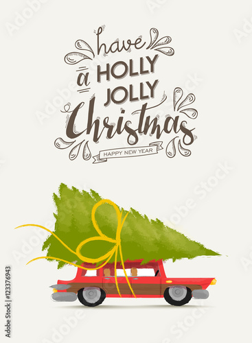 Merry christmas and new year retro car design