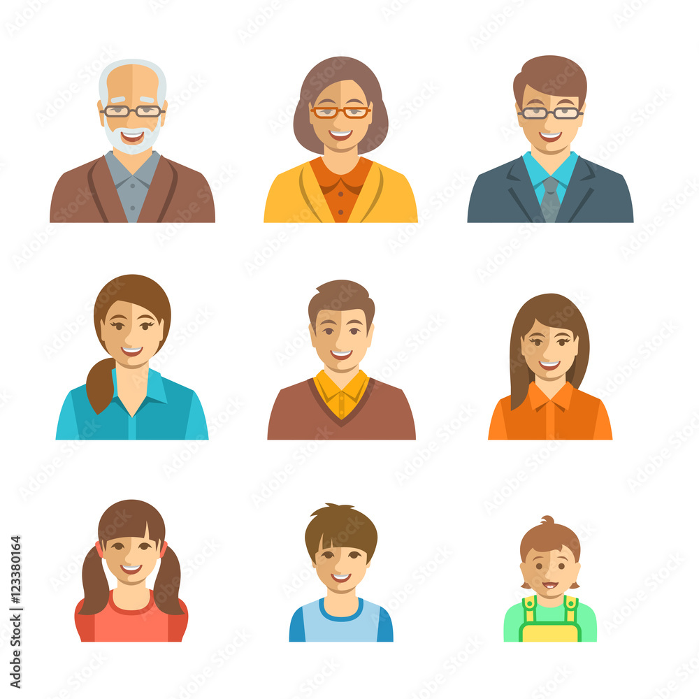 Family members happy faces. Vector flat avatars. People generation simple icons. Mother, father and adult, teen and little kids. Caucasian portraits. Young, senior men and women, boys, girls and baby Family members happy faces. Vector flat avatars. People generation simple icons. Mother, father and adult, teen and little kids. Caucasian portraits. Young, senior men and women, boys, girls and baby