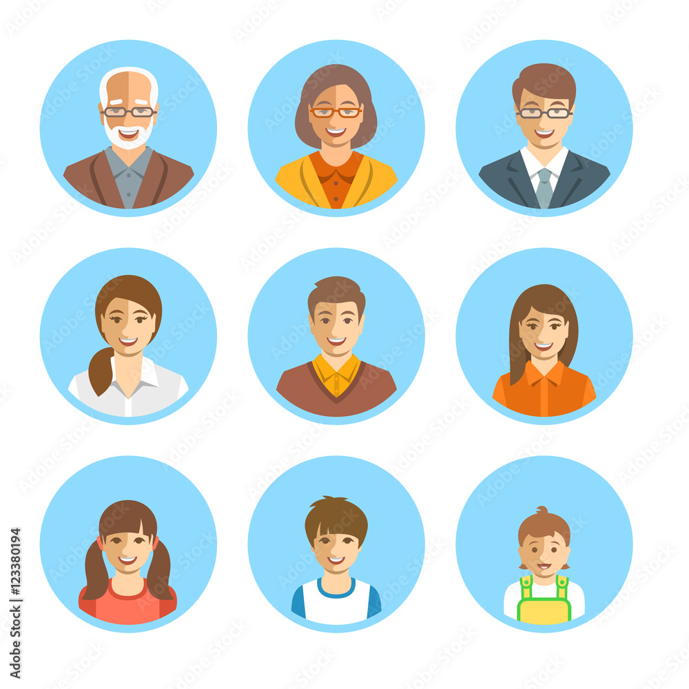 Family members happy faces. Vector flat avatars. People generation simple icons. Mother, father and adult, teen and little kids. Caucasian portraits. Young, senior men and women, boys, girls and baby Family members happy faces. Vector flat avatars. People generation simple icons. Mother, father and adult, teen and little kids. Caucasian portraits. Young, senior men and women, boys, girls and baby