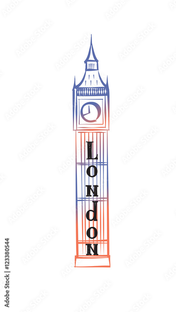 London sign hand lettering. British jack flag colored Big Ben tower