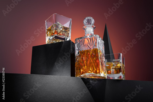 Composition of whisky in glass and bottle