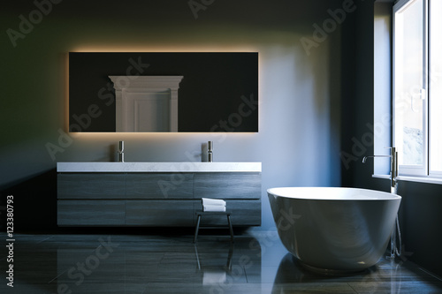 Luxury hi-tech bathroom with big mirror and window. 3d render