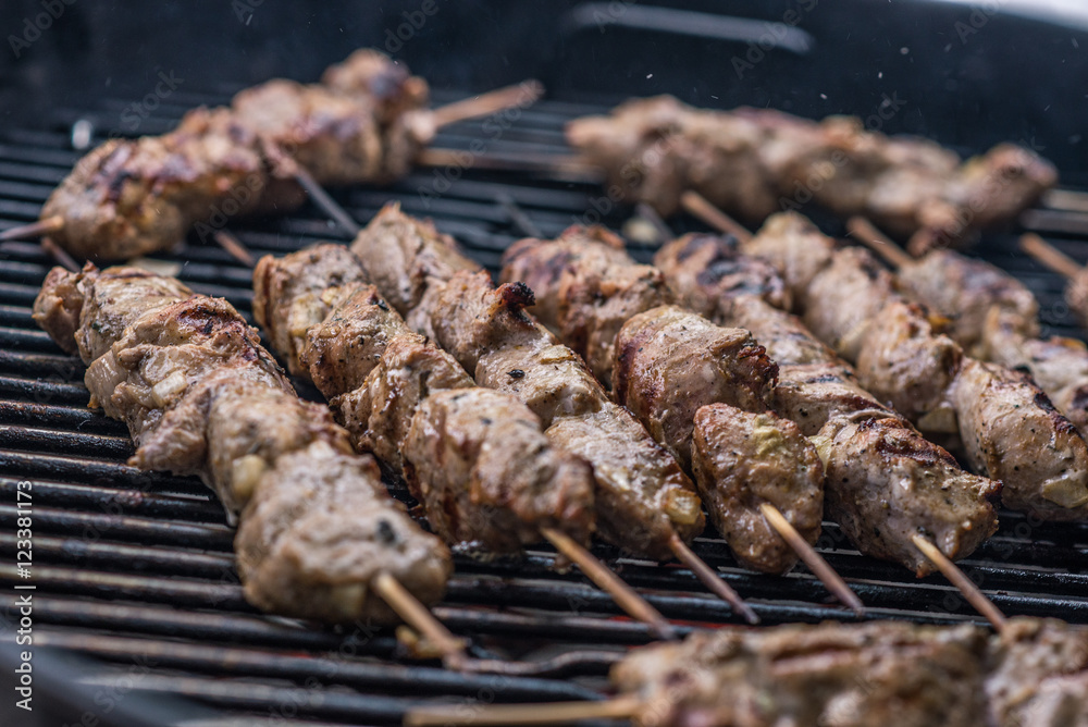 Barbecue photo: grilled meat (shashlik on bamboo skewers) fried on grill lattice