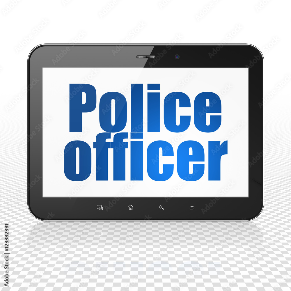 Law concept: Tablet Computer with Police Officer on display Law concept: Tablet Computer with Police Officer on display