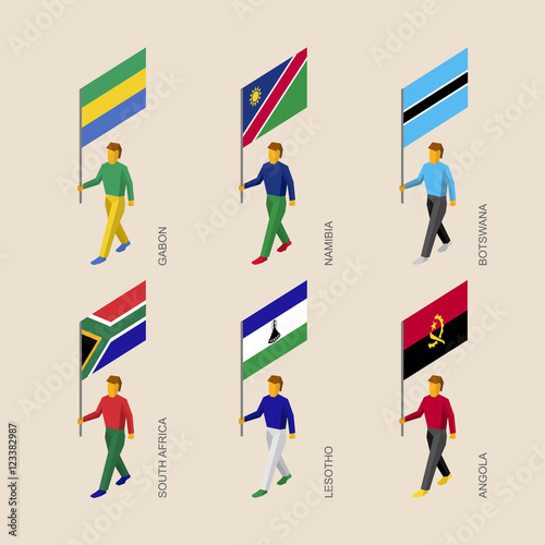 Set of 3d isometric people with flags of African countries. Standard bearers infographic - Gabon, Namibia, Botswana, South Africa, Lesotho, Angola.