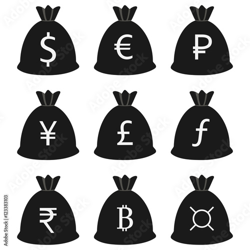 Money bag currency icon set.