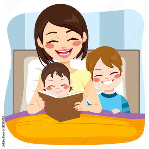 Young mom reading tale story to baby girl and son together on bed