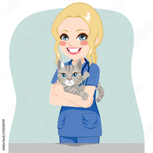 Young beautiful female veterinarian with upset cat