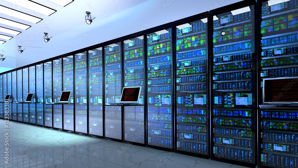Creative business web telecommunication, internet technology connection, cloud computing and networking connectivity concept: terminal monitor in server room with server racks in datacenter interior Creative business web telecommunication, internet technology connection, cloud computing and networking connectivity concept: terminal monitor in server room with server racks in datacenter interior