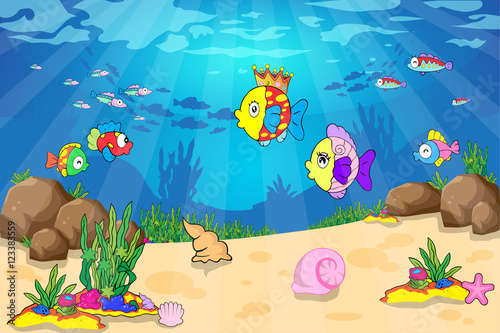 Tropical underwater sea life - coral reef with fish on a blue sea background. Vector illustration.