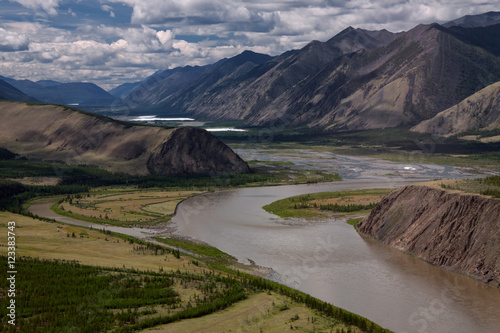 Top view of a river bend. Indigirka River, Yakutia, Russia.