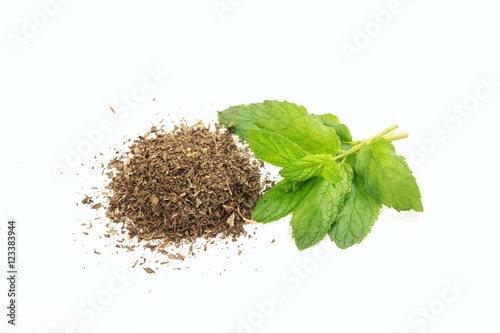 Fresh and dried spearmint on white background