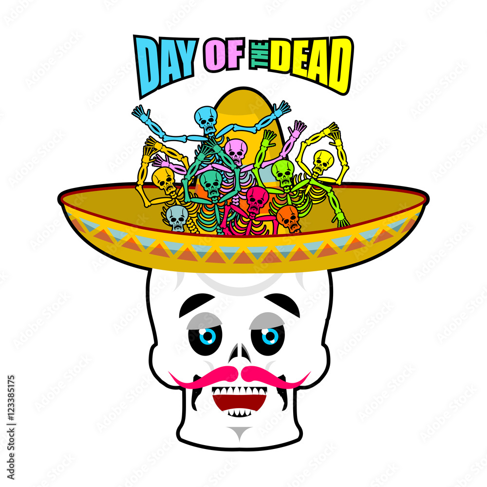 Day of the Dead skeletons and sombrero. Multi-colored skull in M Day of the Dead skeletons and sombrero. Multi-colored skull in M