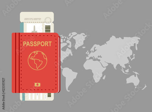 Vector passport, boarding pass and World map icon. Traveling abroad, vacation, journey around the world, visa, citizenship concepts.