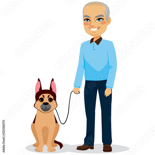 Happy senior man with german shepherd dog