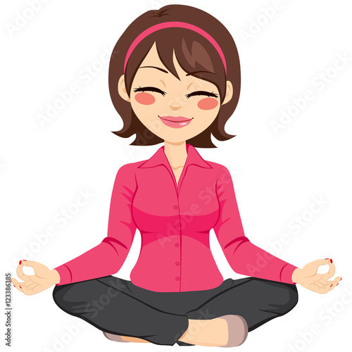 Young businesswoman in yoga lotus pose relaxing happy