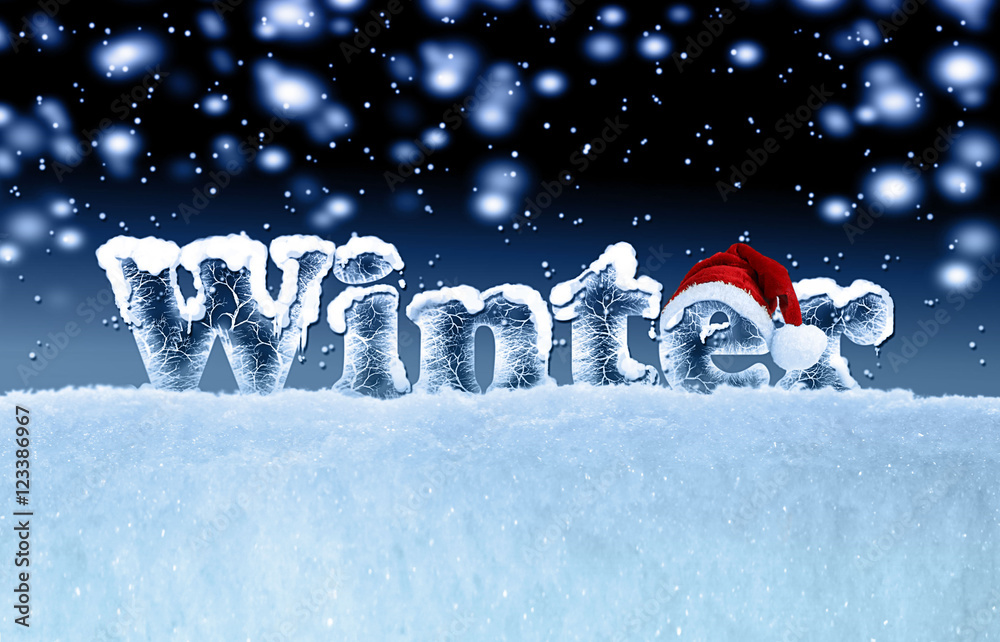 winter background with ice text and santa cap
