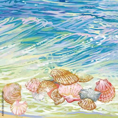 Beautiful seashells on a waves background.