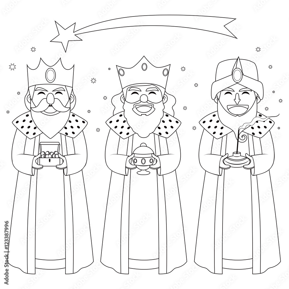 Monochrome coloring line art illustration of three kings
