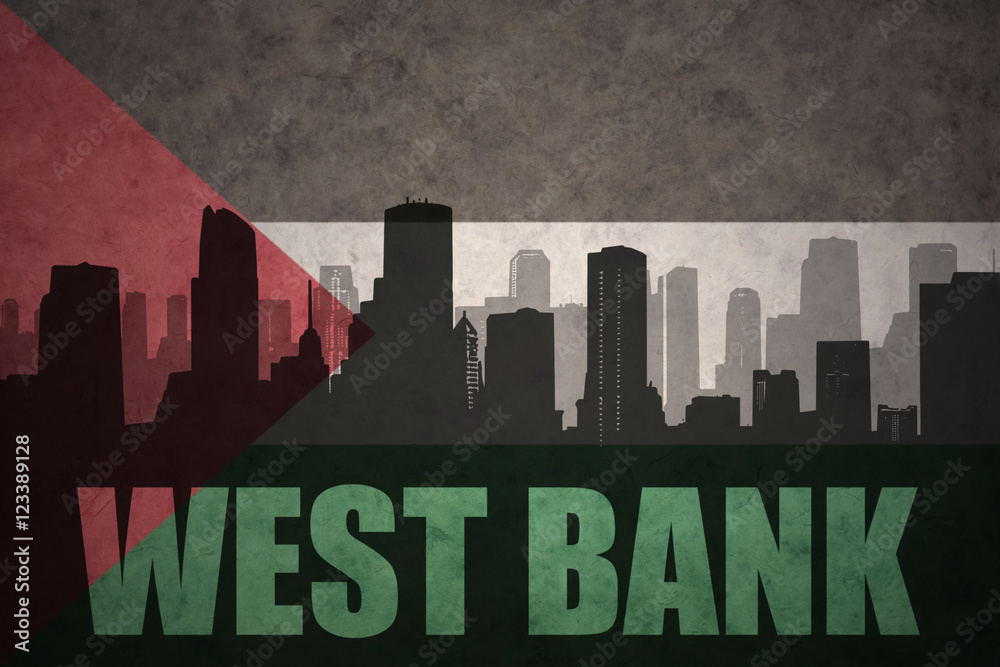 abstract silhouette of the city with text West Bank at the vintage palestinian flag background