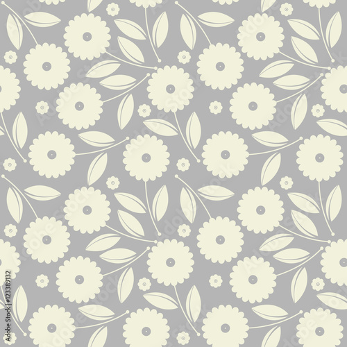 Seamless pattern with white flowers and leaves isolated on grey