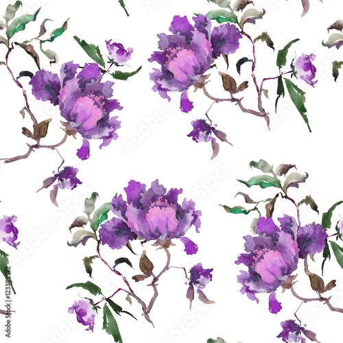 Seamless pattern with beautiful purple peonies on white background. Watercolor painting. Can be used in greeting cards, wallpapers, fabric, wrapping paper