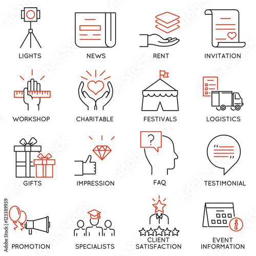 Vector set of 16 thin icons related to event management, event service and special event organization. Mono line pictograms and infographics design elements - part 3