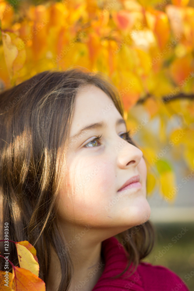girl brunette with long hair in red sweater in autumn leaves
