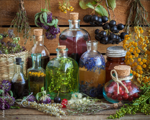 Bottles of tincture, potion, oil, healthy berries and herbs