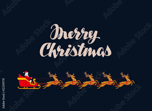 Merry Christmas greeting card. Rides Santa Claus in sleigh pulled by reindeer. Vintage vector illustration