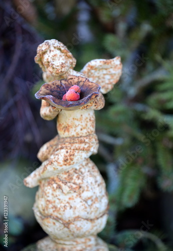 Winteräpfel, Zieräpfel mit Raureif in der Schale einer alten Engelsfigur