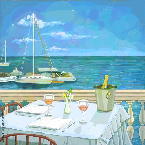 Hand drawn illustration with served restaurant table for two against seascape