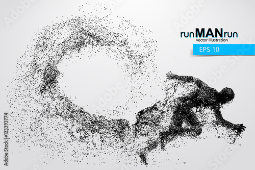 Silhouette of a running man from particles. Text and background on a separate layer, color can be changed in one click.