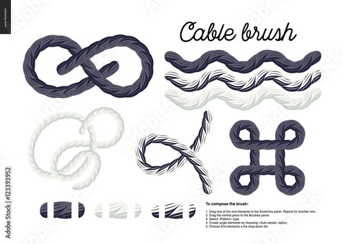 Cable brush - rope element vector brush with end elements, and few usage examples - knots, loops, frames.