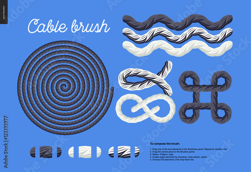 Cable brush - rope element vector brush with end elements, and few usage examples - knots, loops, frames.