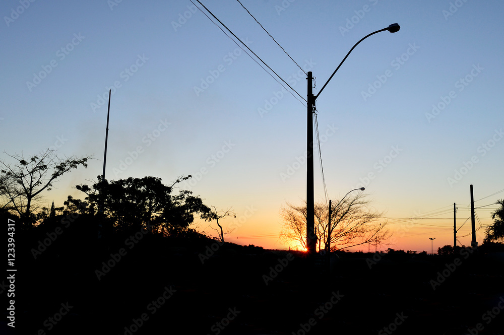 Silhouette of some trees and a power post during sunset