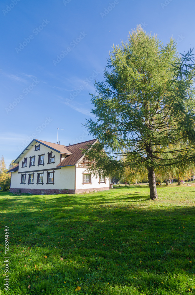 Autumn landscape with white holiday cottage, lawn and pine with blue sky background. Near the house there are bicycles and a shop.