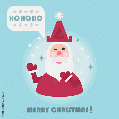 Merry Christmas holiday card with cute Santa and Ho Ho Ho speech bubble icon